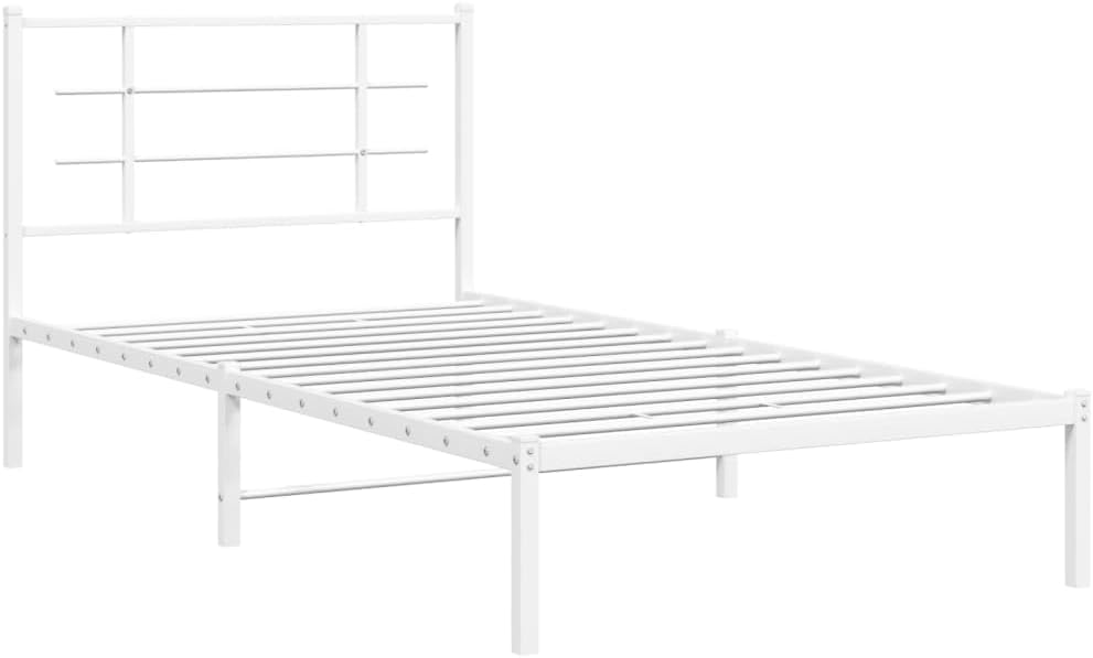 White Powder-Coated Steel Single Bed Frame with Headboard, Sturdy Metal Frame for Bedroom or Guest Room, Modern Design Easy Assembly