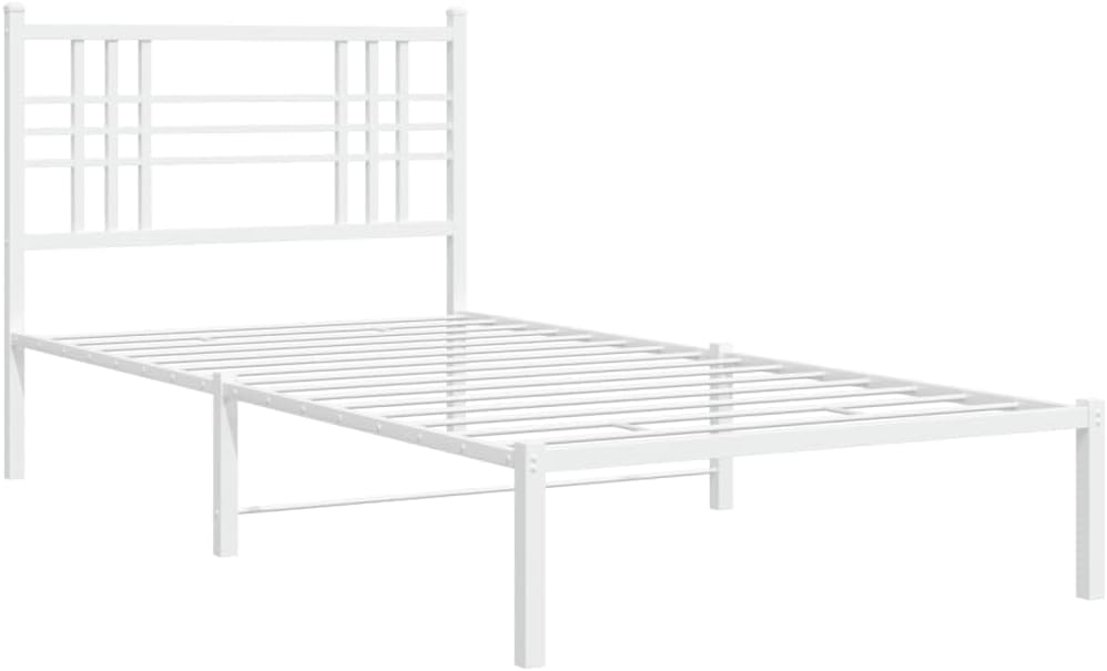 Metal Bed Frame with Headboard Twin Size White 39.4'x78.7' Steel Platform Base Underbed Storage Space Sturdy Bedframe for Bedroom Furniture