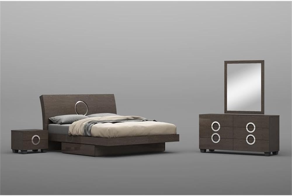 Pemberly Row 4-Piece Wood California King Bedroom Set, Gray High Gloss Lacquer Finish, Includes Bed, Dresser, Nightstand, Mirror, Circular Inlet Design, Modern Style for Sophisticated Bedroom Decor