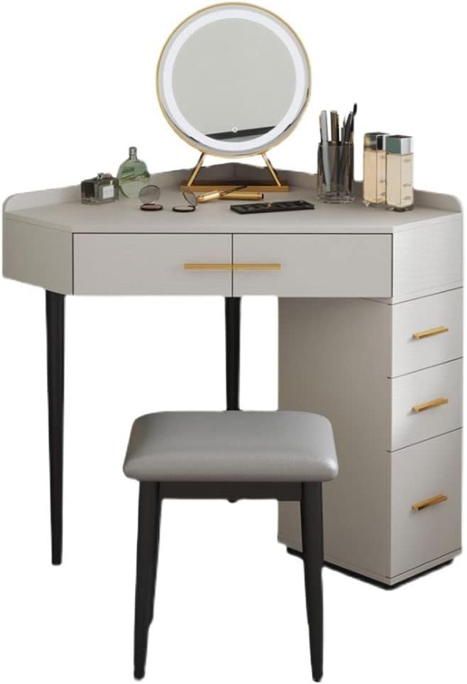 Dressing Table Home Bedroom Small Unit Vanity Desk Right Angle Dresser Corner Dresser with Stool, LED Mirror, Multiple Drawers Dressing Table with Mirror