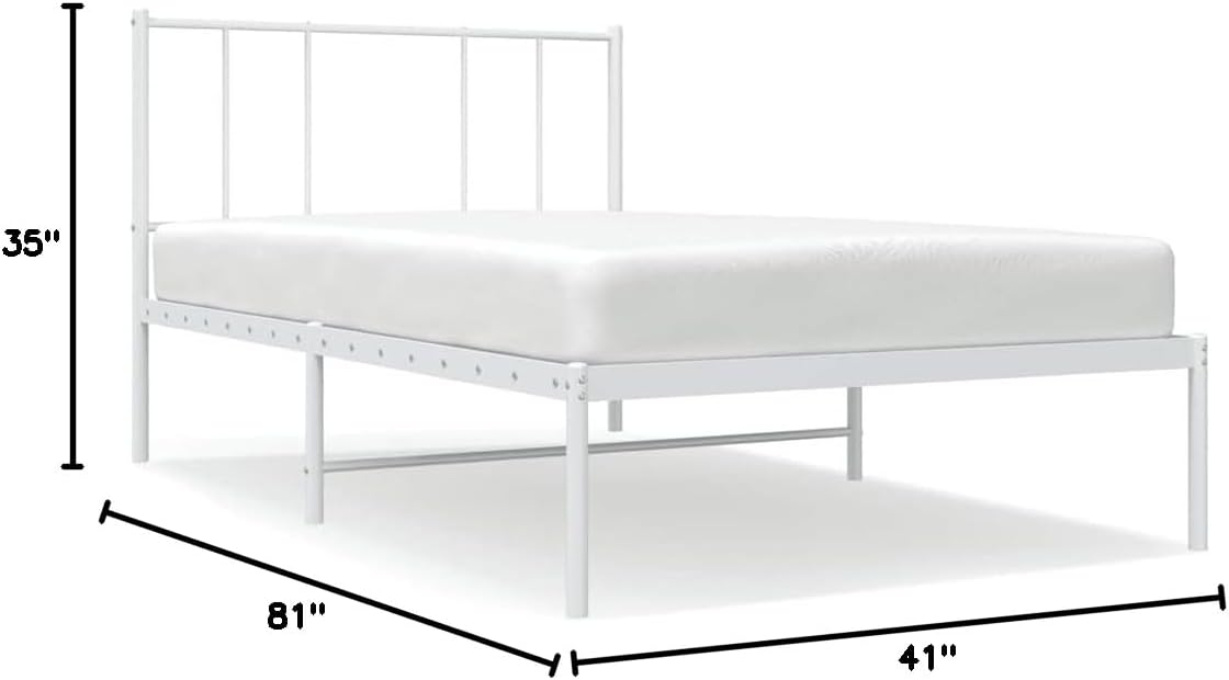 Twin XL Metal Platform Bed Frame with Headboard White 39.4'x78.7' Noise-Free Sturdy Steel Construction Underbed Storage Space Saving Bedroom Furniture