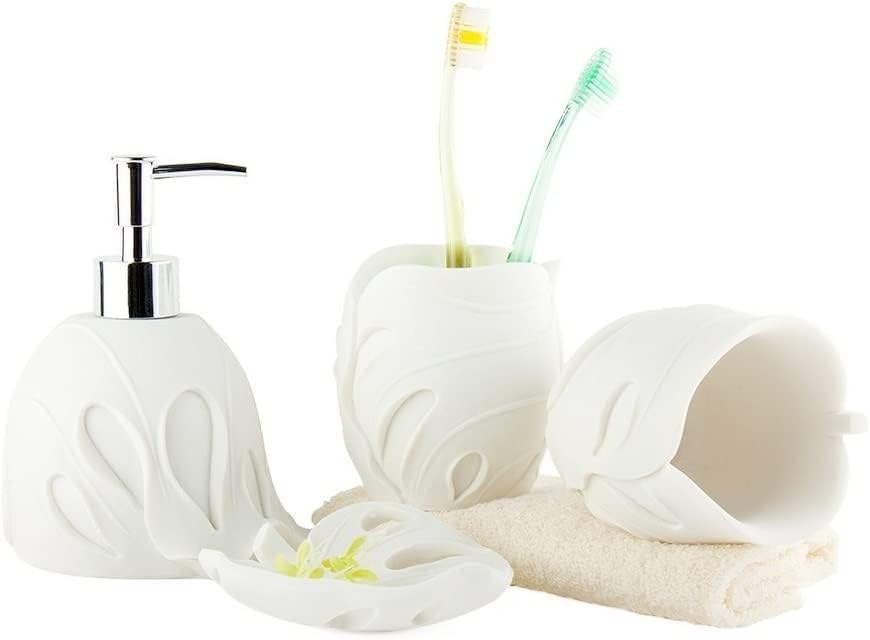 Vanity Bathroom Decor, Leaf Shape Sandstone Bathroom Accessory Set 4 Pieces Bathroom Set Included Soap Dispenser Soap Tray Housewarming Gift(White)