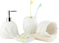 Vanity Bathroom Decor, Leaf Shape Sandstone Bathroom Accessory Set 4 Pieces Bathroom Set Included Soap Dispenser Soap Tray Housewarming Gift(White)