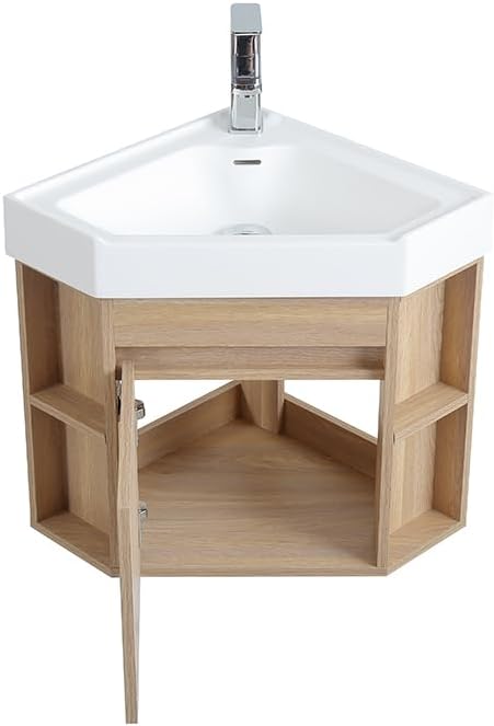 Tennant Brand 18 Inch Wall Mount Corner Bathroom Vanity with Matte Solid Surface (Light Oak)
