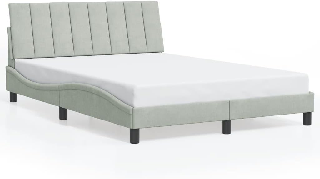 Full Size Upholstered Bed Frame with Headboard Light Gray Velvet Platform Bed Frame Modern Waved Design Wooden Slats Sturdy Support for Bedroom Furniture