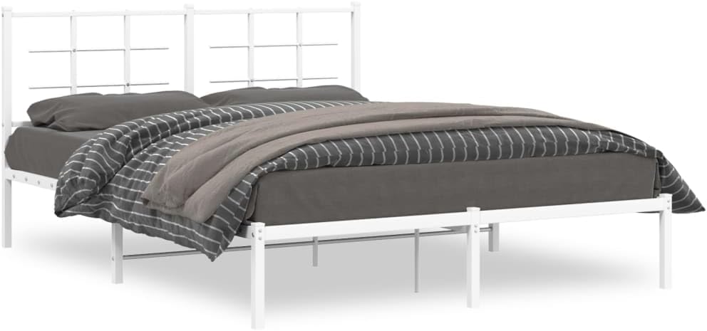 King Size Bed Frame with Headboard, White Powder-Coated Steel, 4-Piece Set, Modern Minimalist Design, Durable Construction, Storage Solutions, Breathable Material, Easy