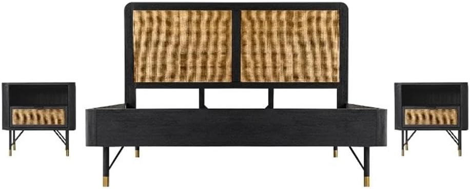 Armen Living Saratoga 3 Piece King Bedroom Set in Black Acacia Wood and Rattan