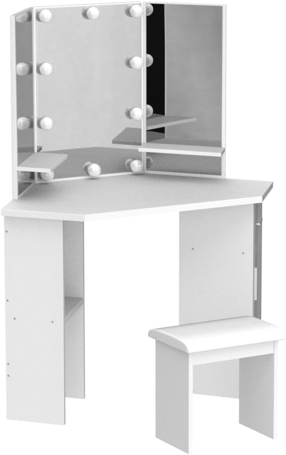 Small Corner Vanity Desk with Mirror and Lights, Bedroom Makeup Vanity Table with Lighted Mirror Sliding Drawers & Storage Cabinet, Charging Station 3 Color Adjustable Vanitys for Girls Women - White