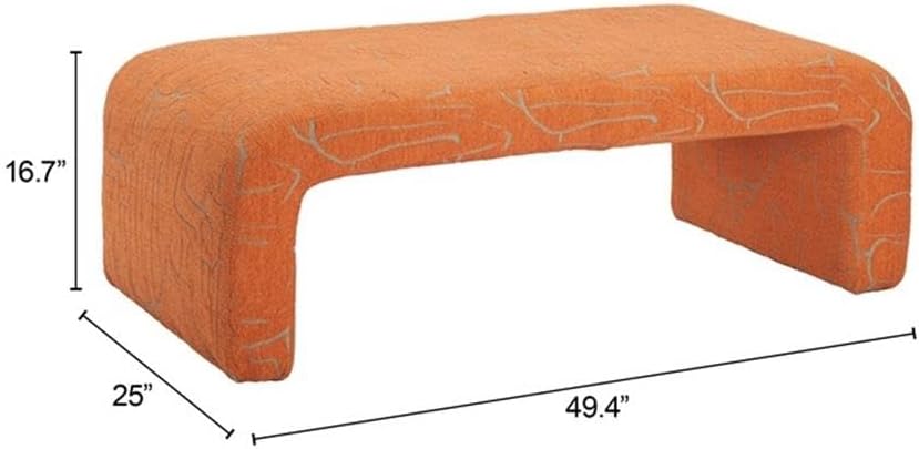 Pemberly Row Modern Solid Wood Vanity Bench, Abstract Orange Polyester Fabric, Rubberwood Frame, Durable Construction, Contemporary Design, Ideal for Living Room, Bedroom, or Entryway