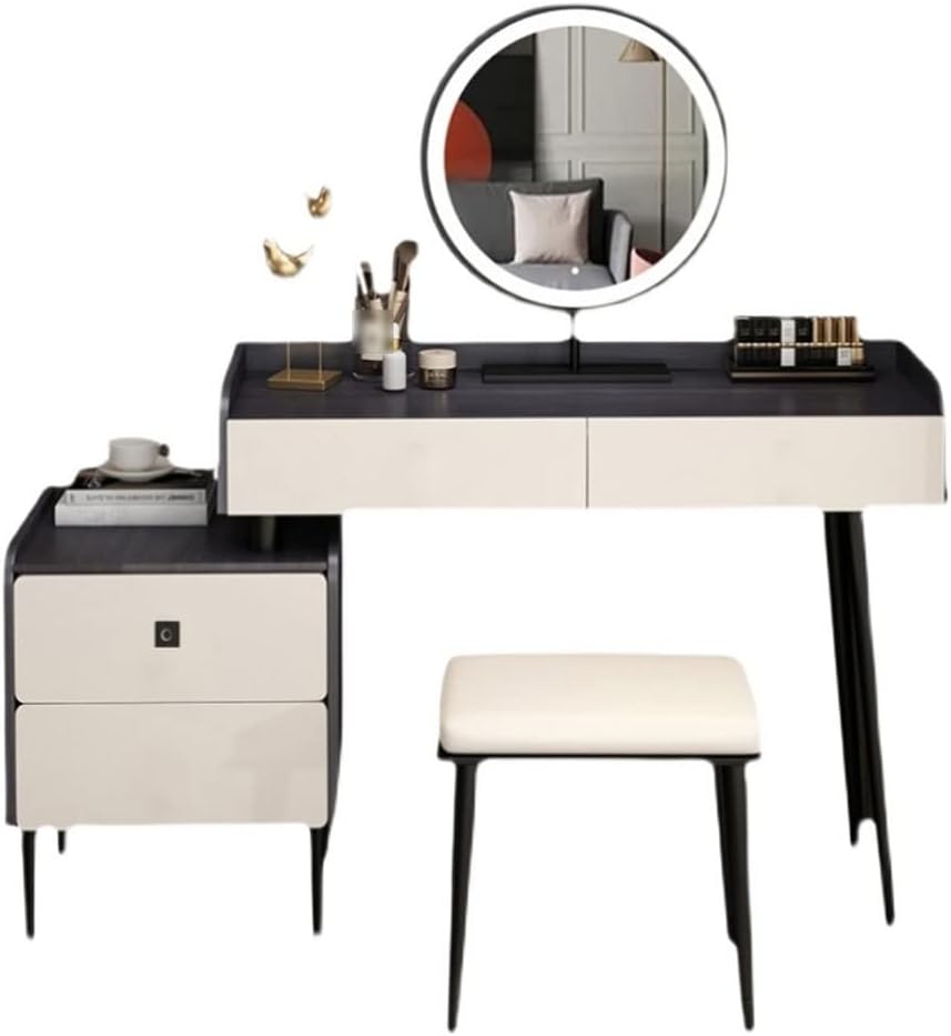 Vanity Benches Dresser Bedroom Modern Minimalist Makeup Table All-in-one Storage Cabinet with LED Round Mirror and Stool (Color : A)