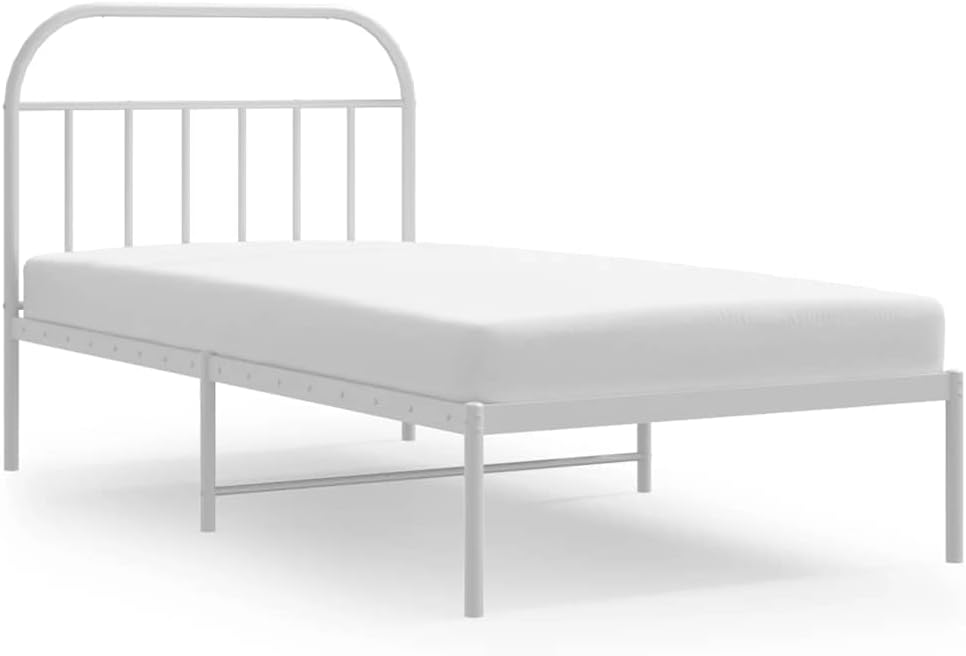 Metal Bed Frame with Headboard White Queen Size Platform Bed Frame No Box Spring Needed Sturdy Steel Construction Underbed Storage Space for Bedroom Furniture