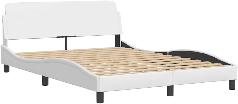 White Faux Leather Double Bed Frame with Slatted Base, Solid Pine Wood Structure for Durability and Support, Modern Sleek Design Fits Double Mattress, Easy Clean Fabric