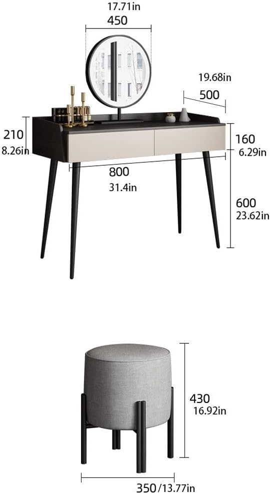 Vanity Benches Modern Bedroom Dresser Minimalist Small Unit Dresser Bedroom Vanity Desk with Two Drawers, One Stool and LED Mirror (Color : A)