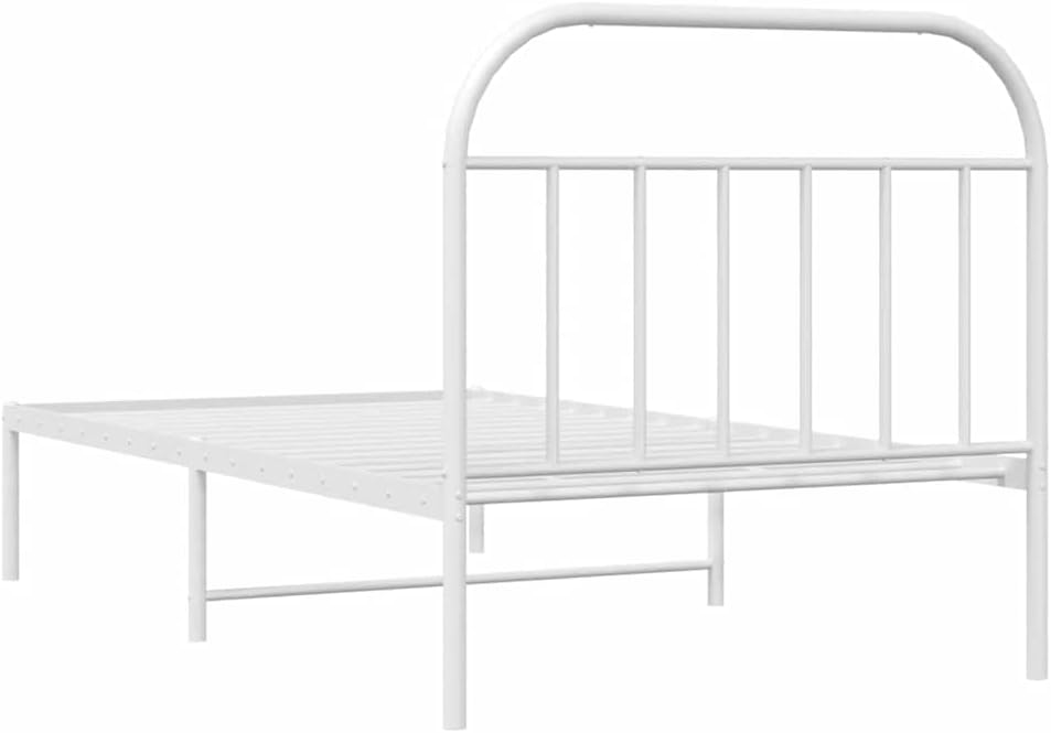 White Powder-Coated Steel Twin Bed Frame with Headboard, Durable Metal Construction and Minimalist Design for Modern Bedroom, Space Efficient Single Sleeper Bed Frame