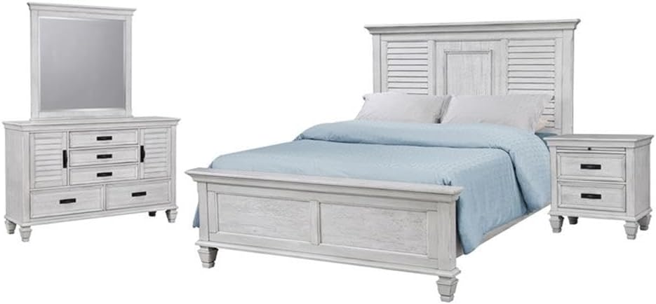 Pemberly Row 4-Piece Eastern King Panel Wood Bedroom Set, Antique White Finish, Includes Bed, Nightstand, Dresser, Beveled Mirror, Soft-Closing Drawer Glides, Pull-Out Tray, Coastal Resort Style