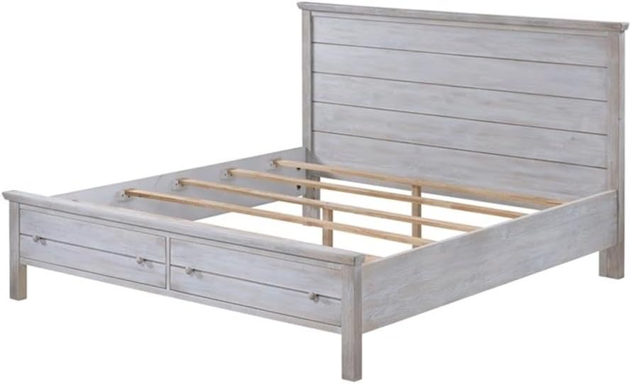 Pemberly Row Solid Wood King Storage Bed, Distressed Grey White Finish, Durable Spruce Construction, Transitional Style Frame with Storage Footboard, Complete Bedroom Set for Timeless Home Decor