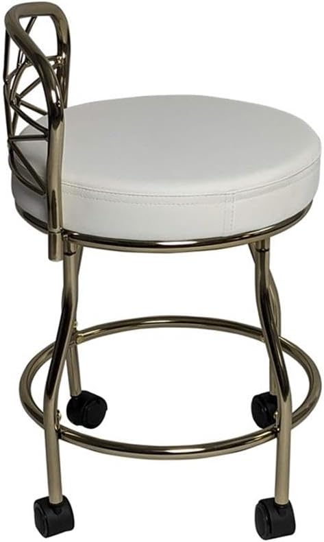 Pemberly Row Modern X-Back Vanity Bench, 27.5 in Tall, Gold Powder-Coated Metal Frame, White Leatherette Upholstered Seat, Casters for Easy Mobility, Elegant Bathroom or Dressing Room Seating