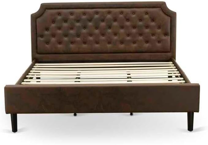 HomeStock Retro Renaissance 2 Piece King Bedroom Set with a King Bed and 1 Wire Brushed Black End Table Dark Brown Faux Leather with Black Texture and Black Legs