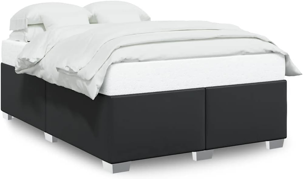 Black Faux Leather Queen Bed Frame Rectangular Engineered Wood Base Modern Matte Finish for Standard Mattress Support Durable Bedroom Furniture