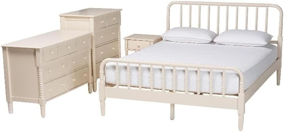 Baxton Studio Braith Farmhouse Ivory Spindle Wood King Size 4-Piece Bedroom Set