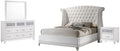 MAKLAINE 4-Piece Upholstered Eastern King Bedroom Set, Solid Wood Construction, White Velvet and Crocodile Leatherette Finish, Includes Bed, Dresser, Mirror, Nightstand, Contemporary Glam Style