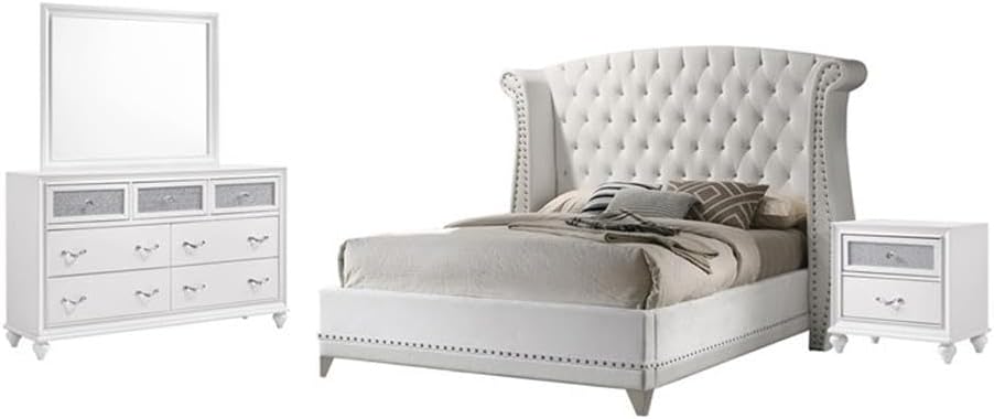 MAKLAINE 4-Piece Upholstered Eastern King Bedroom Set, Solid Wood Construction, White Velvet and Crocodile Leatherette Finish, Includes Bed, Dresser, Mirror, Nightstand, Contemporary Glam Style