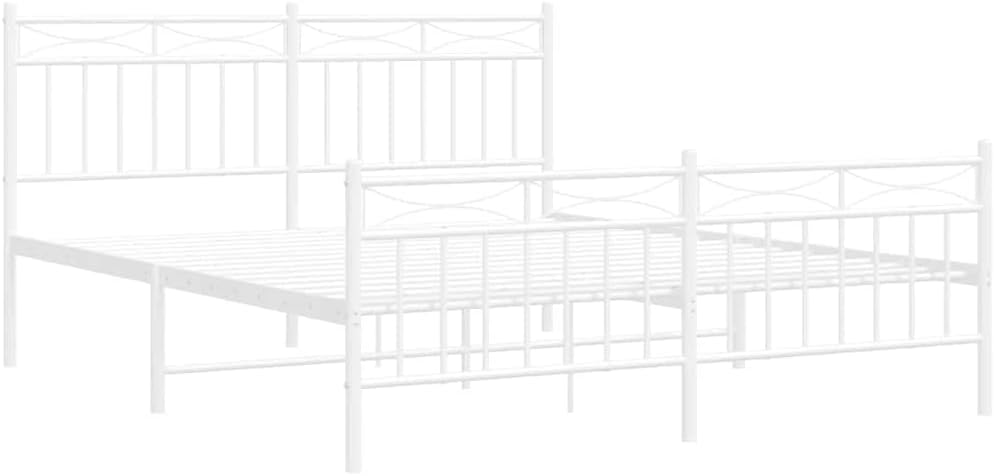 King Size Bed Frame Metal Platform Bed White Powder-Coated Steel Frame with Headboard and Footboard for Bedroom Furniture