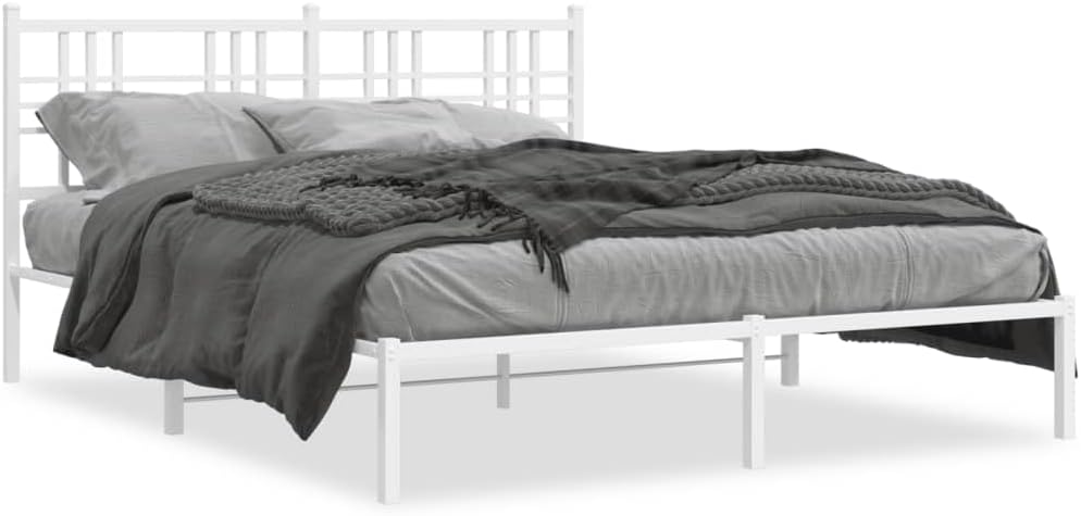 Metal Bed Frame with Headboard White Queen Size Platform Bed Frame Steel Construction 59.1'x78.7' Sturdy Bedframe with Underbed Storage for Bedroom Furniture