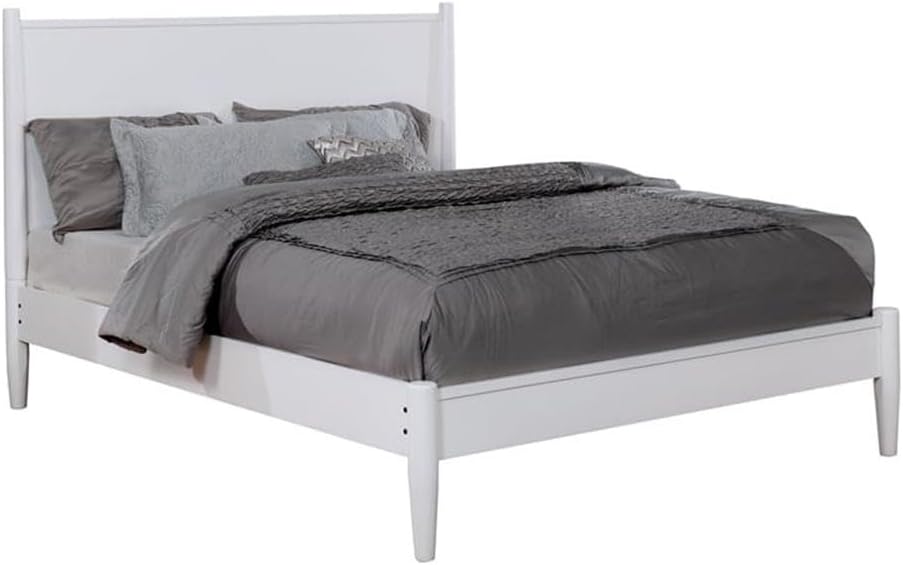 Allora 2pc Mid-Century Bedroom Set, Solid Wood & Veneer, White Finish, King Bed with Panel Headboard & Tapered Legs, Nightstand with 2 Drawers, Modern Minimalist Design for Bedroom Decor