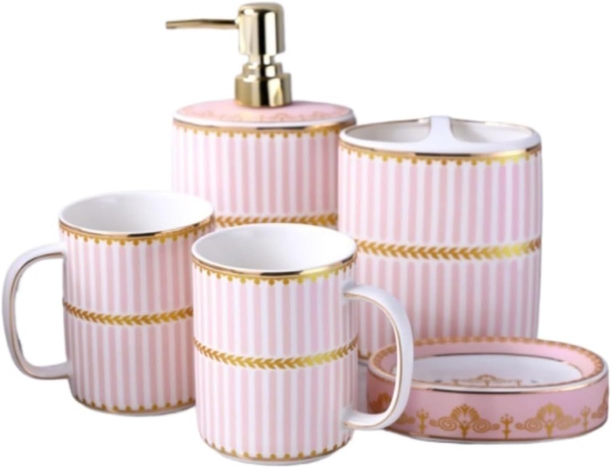 Bathroom Accessory Set Ceramic Bathroom Accessories Set Bath Accessory Complete Set Decor 5 Piece Set Bathroom Decor(Pink)