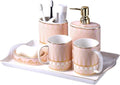 Vanity Bathroom Decor, Ceramic Bathroom Accessories Set 6 Piece Ceramic Tray Lotion Pump Soap Dispenser Toothbrush Holder Soap Dish Housewarming Gift(A)