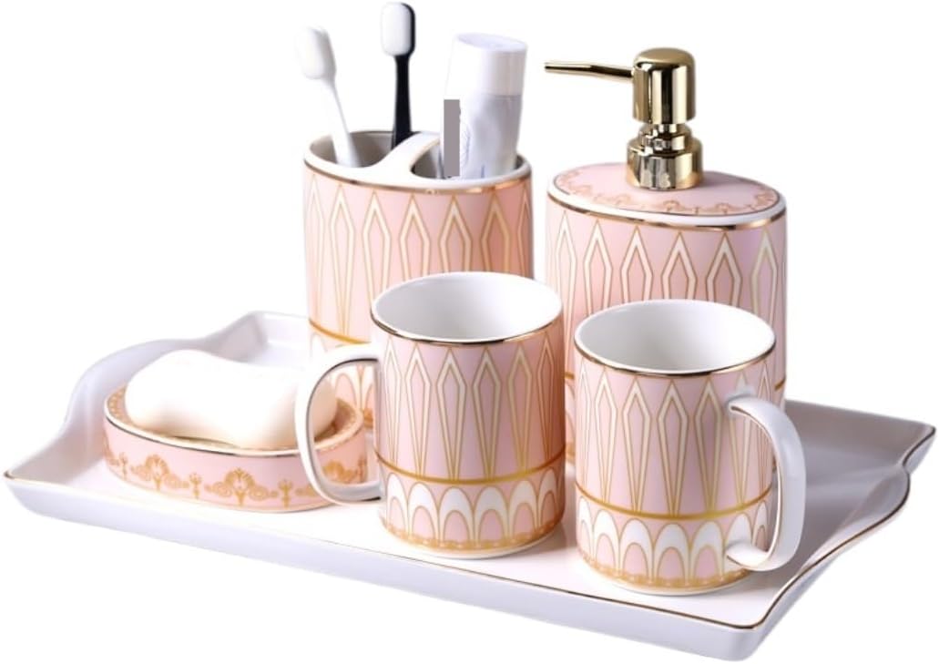 Vanity Bathroom Decor, Ceramic Bathroom Accessories Set 6 Piece Ceramic Tray Lotion Pump Soap Dispenser Toothbrush Holder Soap Dish Housewarming Gift(A)