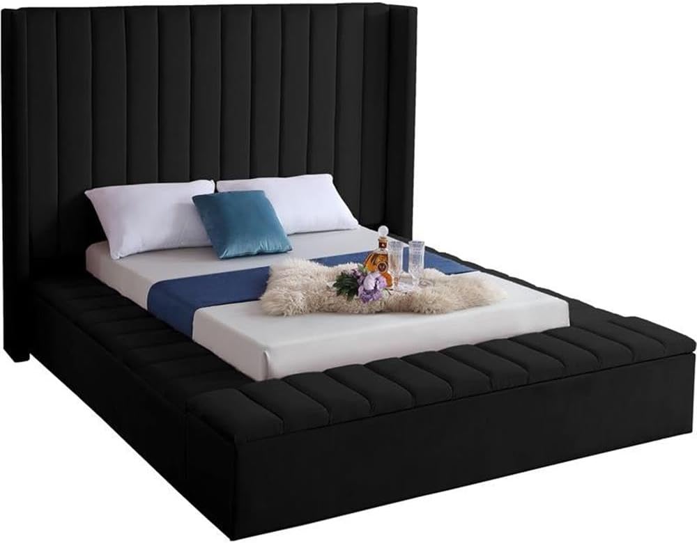 Meridian Furniture Kiki Collection Modern | Contemporary Velvet Upholsterd Bed with Channel Tufting, Siderails and Footboard Storage Compartments, King, Black