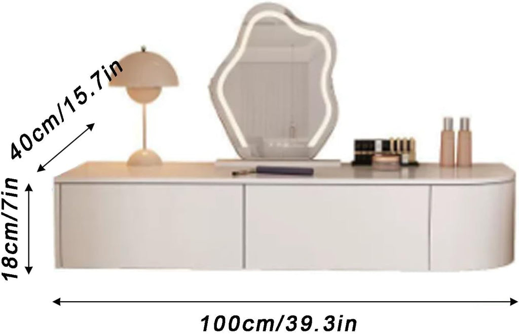 Floating Vanity Makeup Table, Modern White Suspended Desk with Drawers, Wall Mounted Corner Dressing Desk, Wood Hanging Nightstand for Bedroom(White Left,100cm/39.3in)
