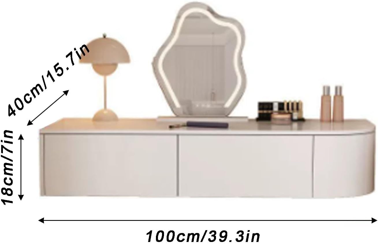 Floating Vanity Makeup Table, Modern White Suspended Desk with Drawers, Wall Mounted Corner Dressing Desk, Wood Hanging Nightstand for Bedroom(White Left,100cm/39.3in)