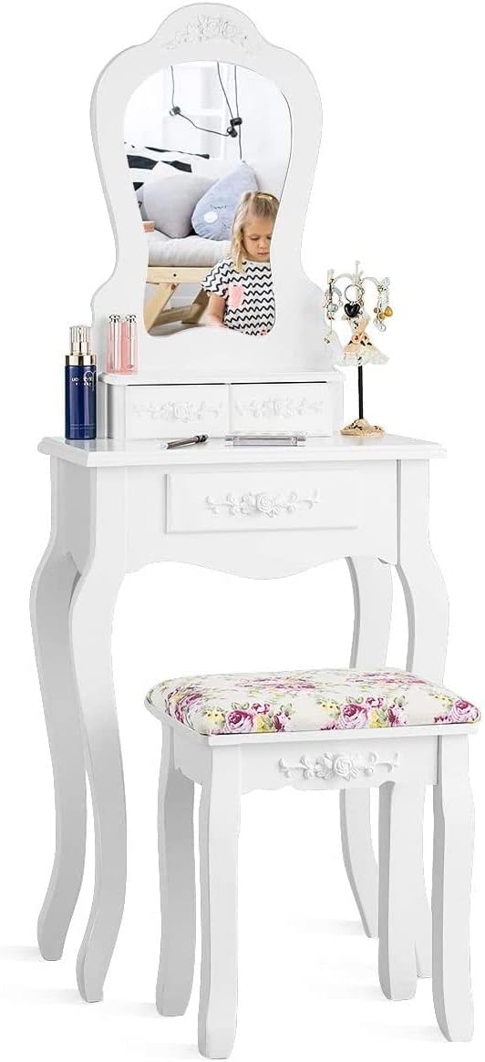 LDAILY Vanity Table Set with Cushioned Stool, Makeup Table with Mirror & 3 Storage Drawers, Multipurpose Writing Desk, Bedroom Bathroom Small Space Dressing Table and Bench for Women, Girl (White)