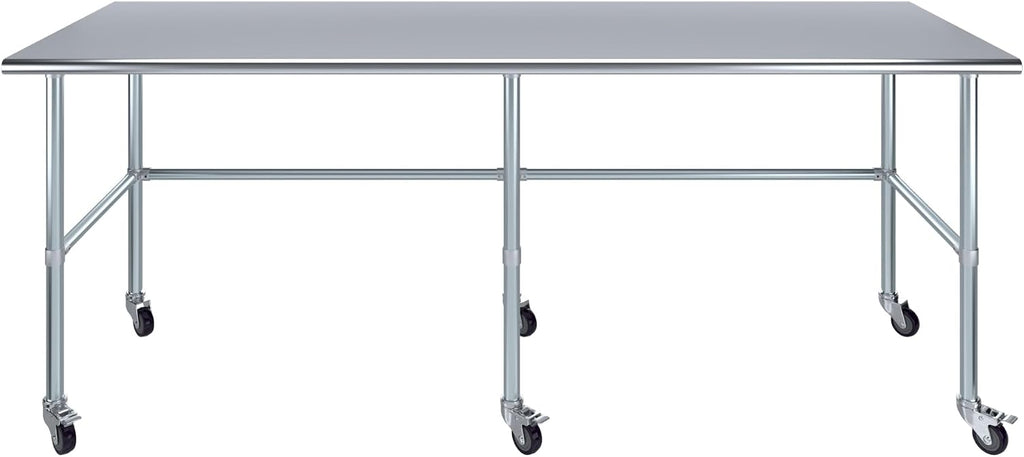 AmGood Stainless Steel Work Table Open Base & Wheels | Work Station | Metal Work Bench (Stainless Steel, 96' Long x 30' Deep)