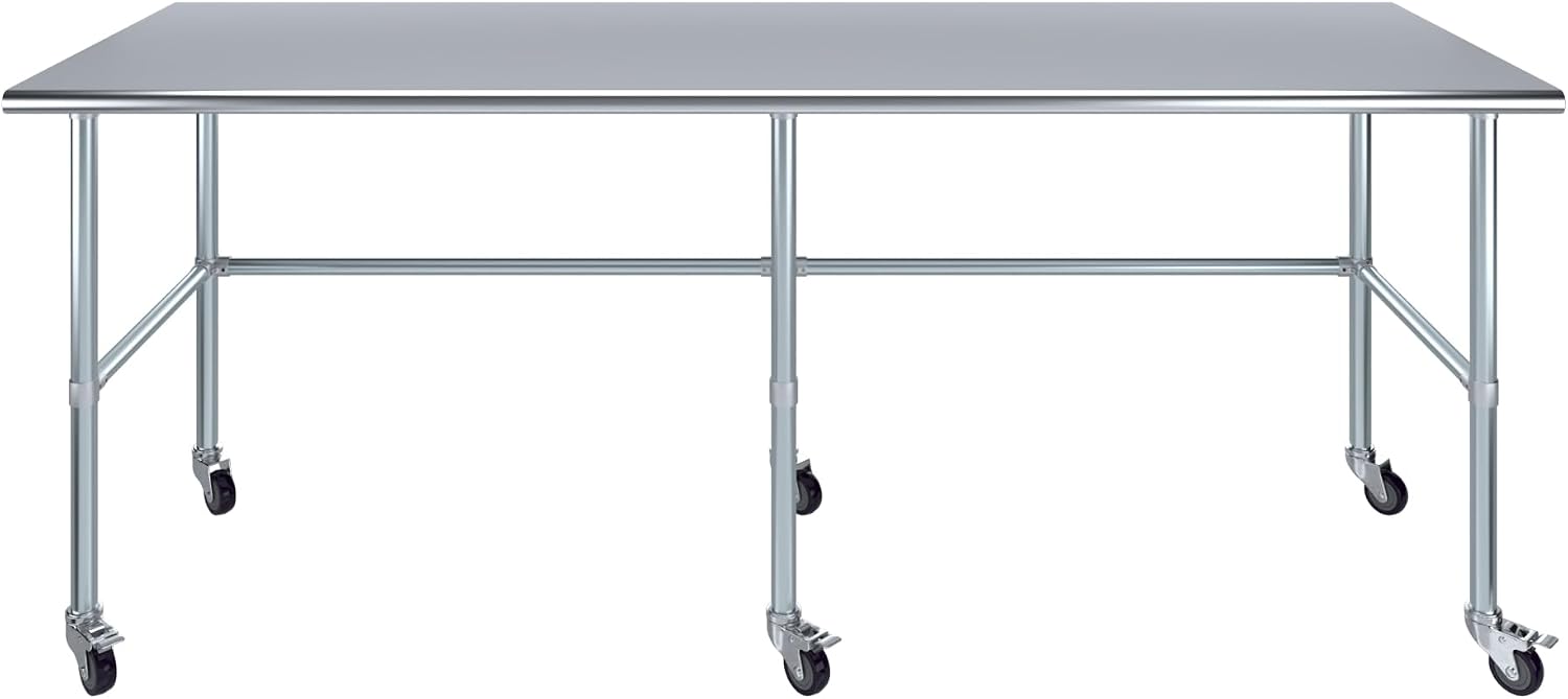 AmGood Stainless Steel Work Table Open Base & Wheels | Work Station | Metal Work Bench (Stainless Steel, 96' Long x 30' Deep)