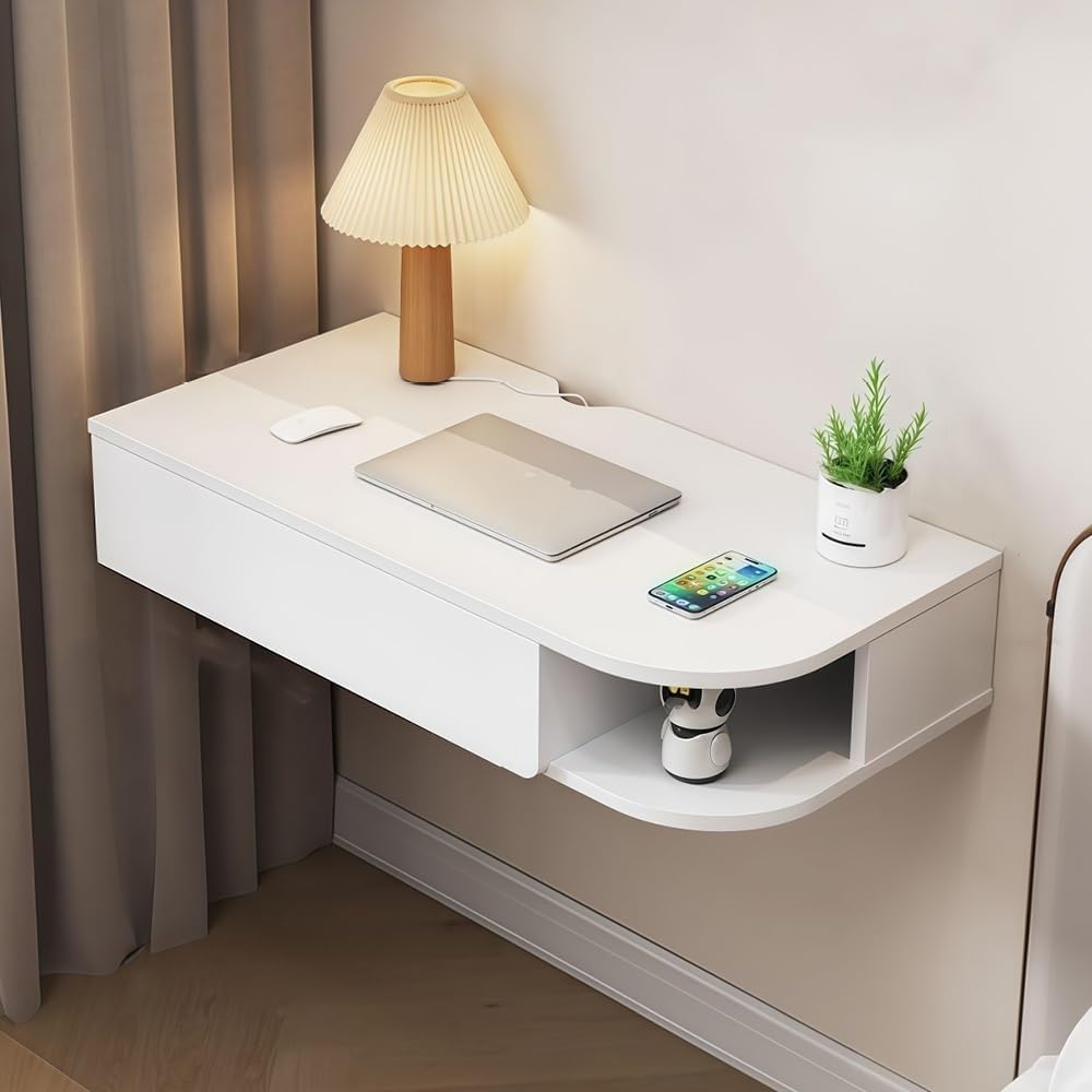 Wall-Mounted Desk with Storage Drawers Hanging Corner Vanity Table Wooden Computer Table Adjustable Bookshelf for Home Offices Space Saver(Gray Right,120 cm)