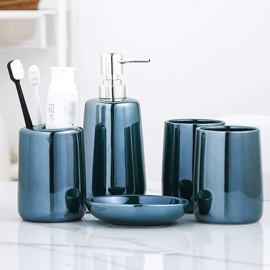 Vanity Bathroom Decor, 5 Piece Bathroom Accessory Set, Soap Dispenser for Liquid Soap Lotion Soap Dish and Toothbrush Holder Housewarming Gift(B)