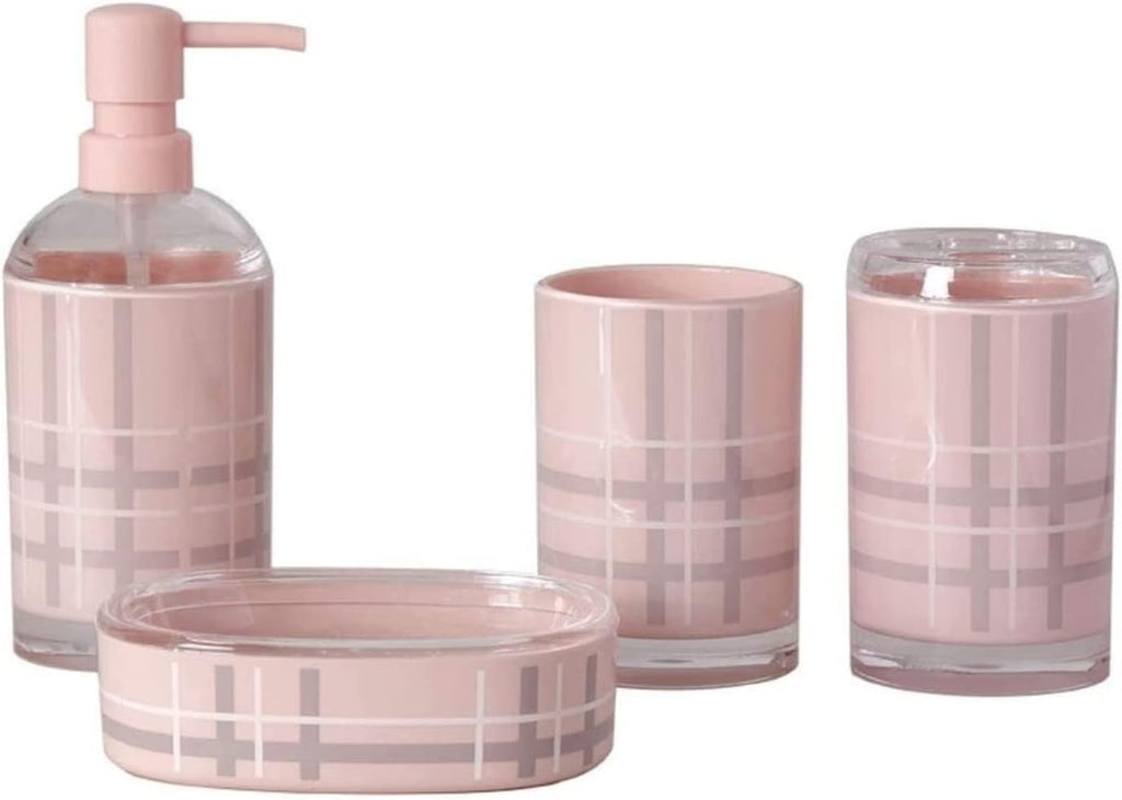 Vanity Bathroom Decor, Bathroom Accessory Sets Modern Design 4-Piece Bath Set Lotion Bottles Toothbrush HolderTooth Mug Soap Dish Housewarming Gift(Pink)