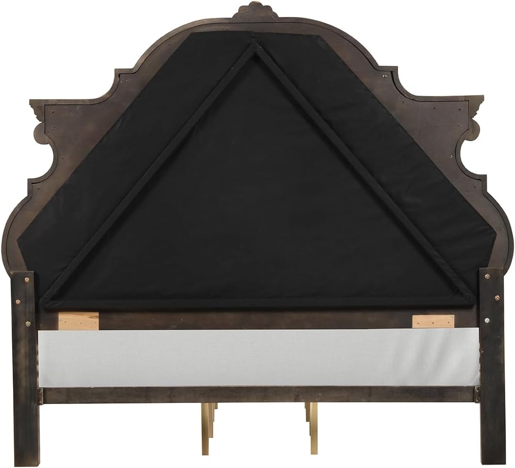 MASARA 3-Piece Traditional Bedroom Set, Queen/King Bed with 2 Nightstands, Dark Brown, Asian Hardwood with Tufted Leatherette Headboard, Ornate Carved Details (King)