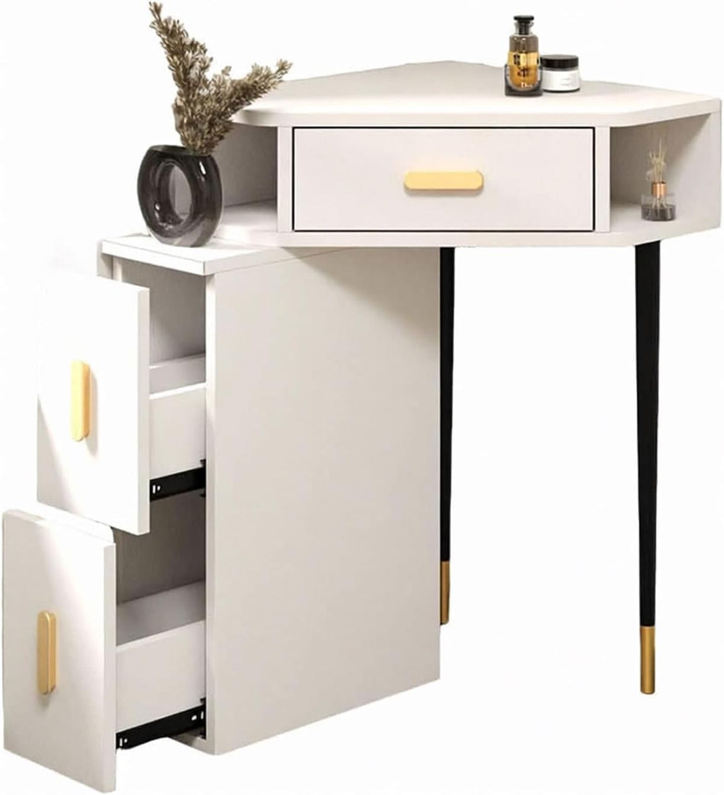 Corner Makeup Vanity Wood with Open Shelf and Drawers Multifunctional Large Storage Cabinet for Cosmetics Organization-A