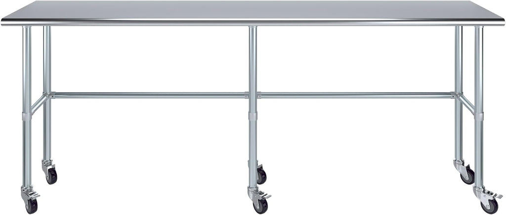 AmGood Stainless Steel Work Table Open Base & Wheels | Work Station | Metal Work Bench (Stainless Steel Work Table Open Base + Casters, 96' Long x 18' Deep)