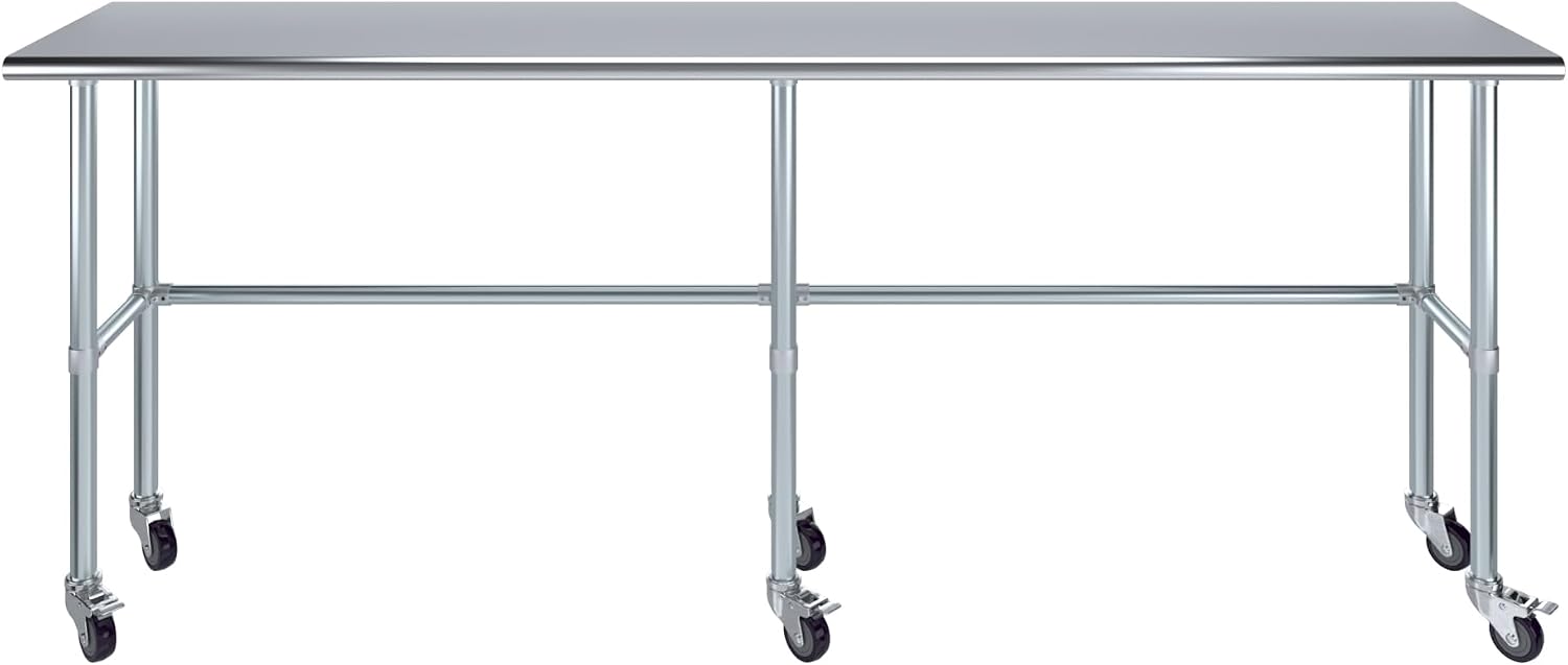 AmGood Stainless Steel Work Table Open Base & Wheels | Work Station | Metal Work Bench (Stainless Steel Work Table Open Base + Casters, 96' Long x 18' Deep)