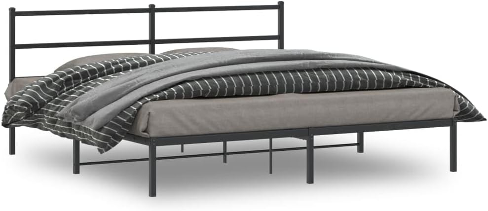 Modern Full Bed Frame with Sleek Headboard, Black Powder-Coated Steel Platform for Mattress Support, 4-Piece Sturdy Metal Frame Set for Bedroom, Durable Construction and Easy
