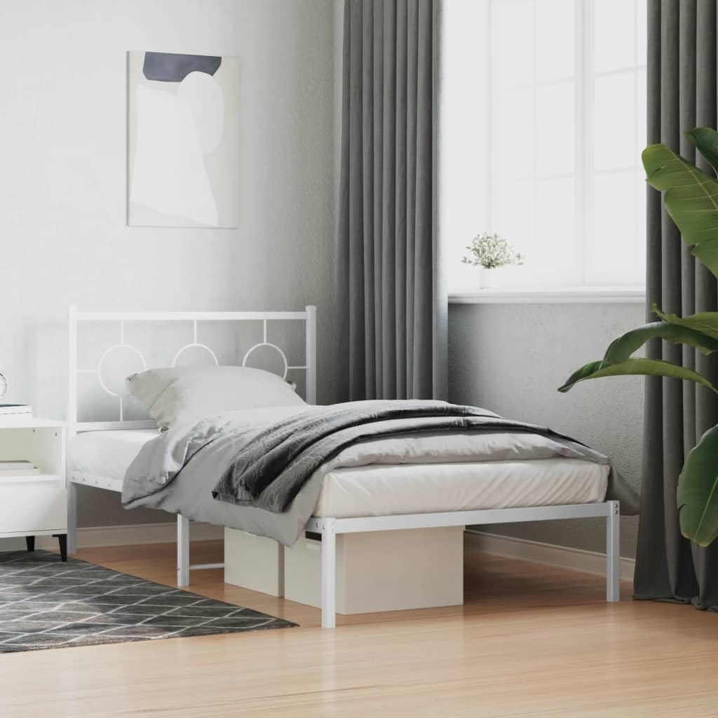 Metal Bed Frame with Headboard White Steel Platform Base Twin Size Underbed Storage Space for Bedroom Furniture