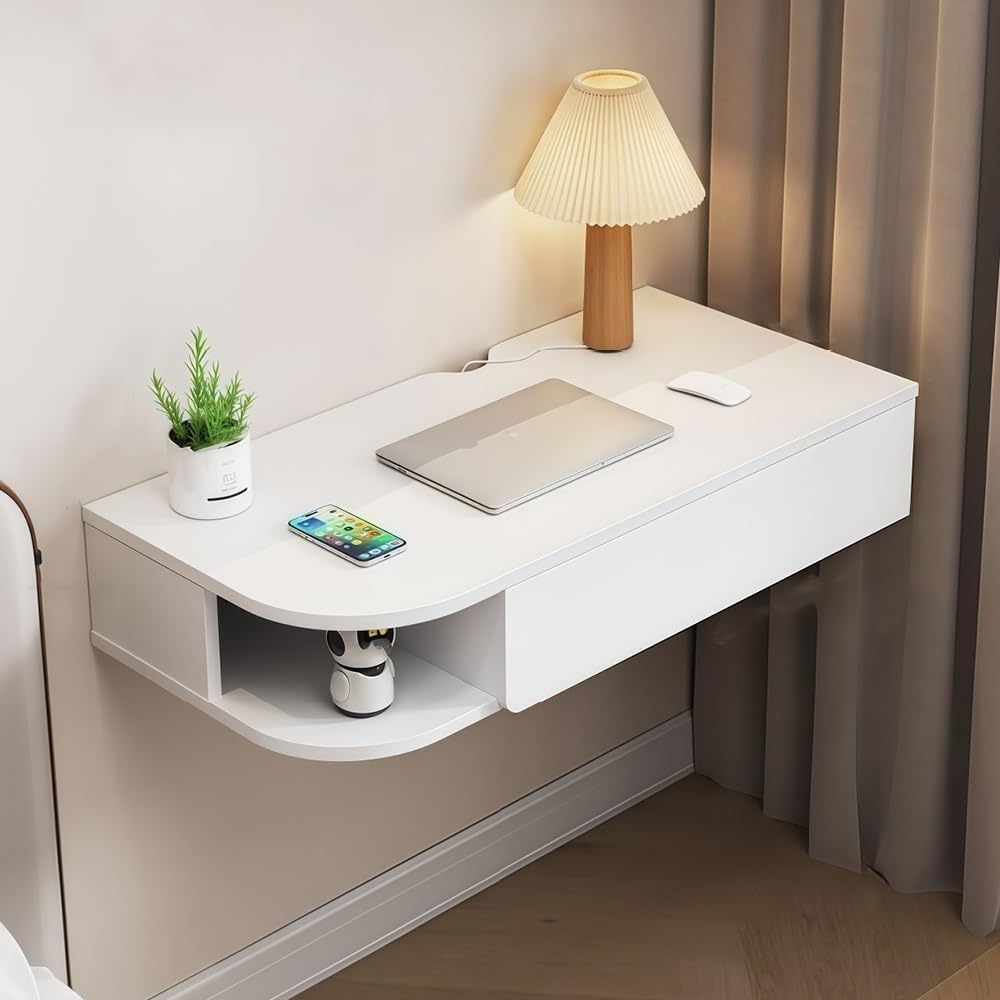 Wall-Mounted Desk with Storage Drawers Hanging Corner Vanity Table Wooden Computer Table Adjustable Bookshelf for Home Offices Practical(White Left,120 cm)