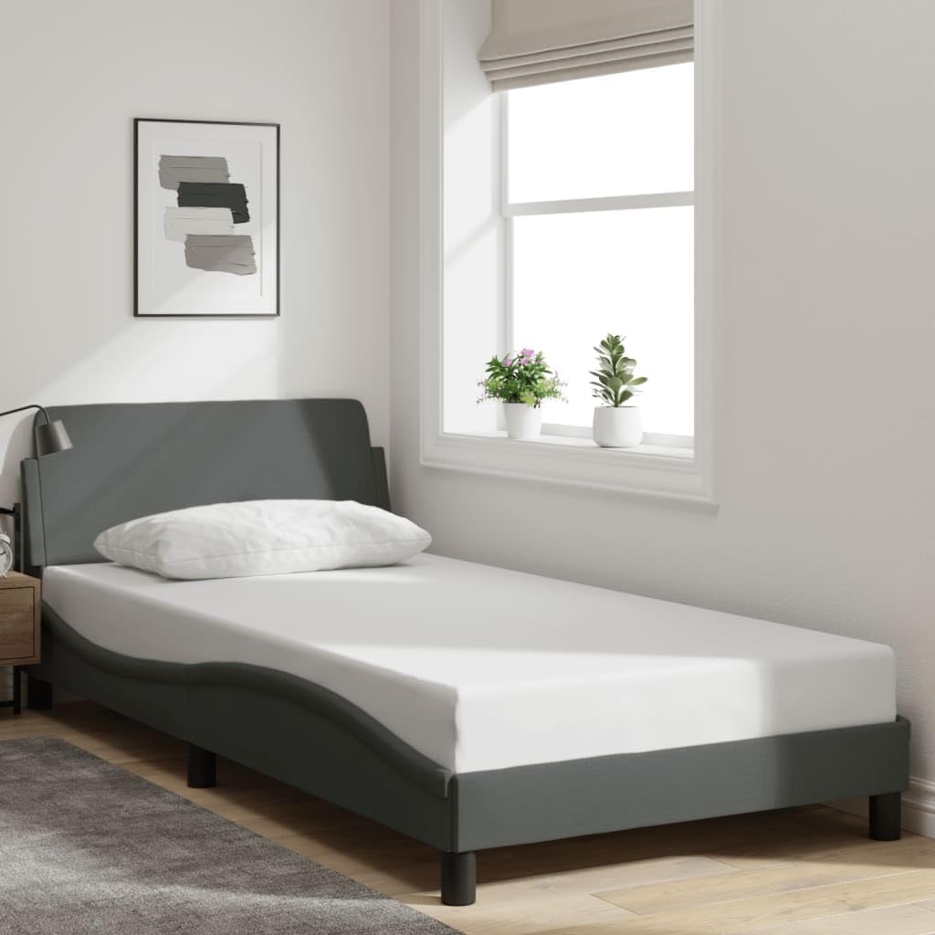 Upholstered Twin Platform Bed Frame with Headboard Dark Gray Fabric Bedframe Sturdy Modern Design for Bedroom Furniture