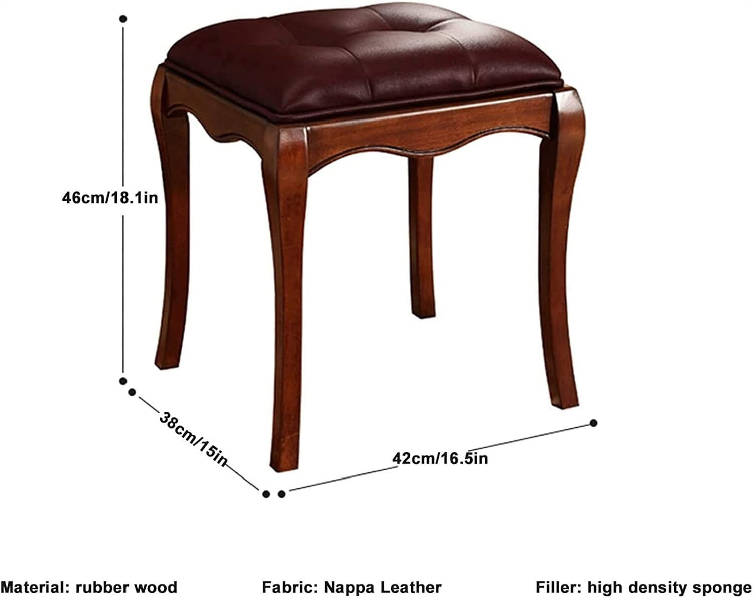 Vanity Bench with Padded Cushion, Vanity Chair Wooden Dressing Stool Piano Stool Guzheng Stool Simple Dining Stool Rubber Wood Frame(Brown)